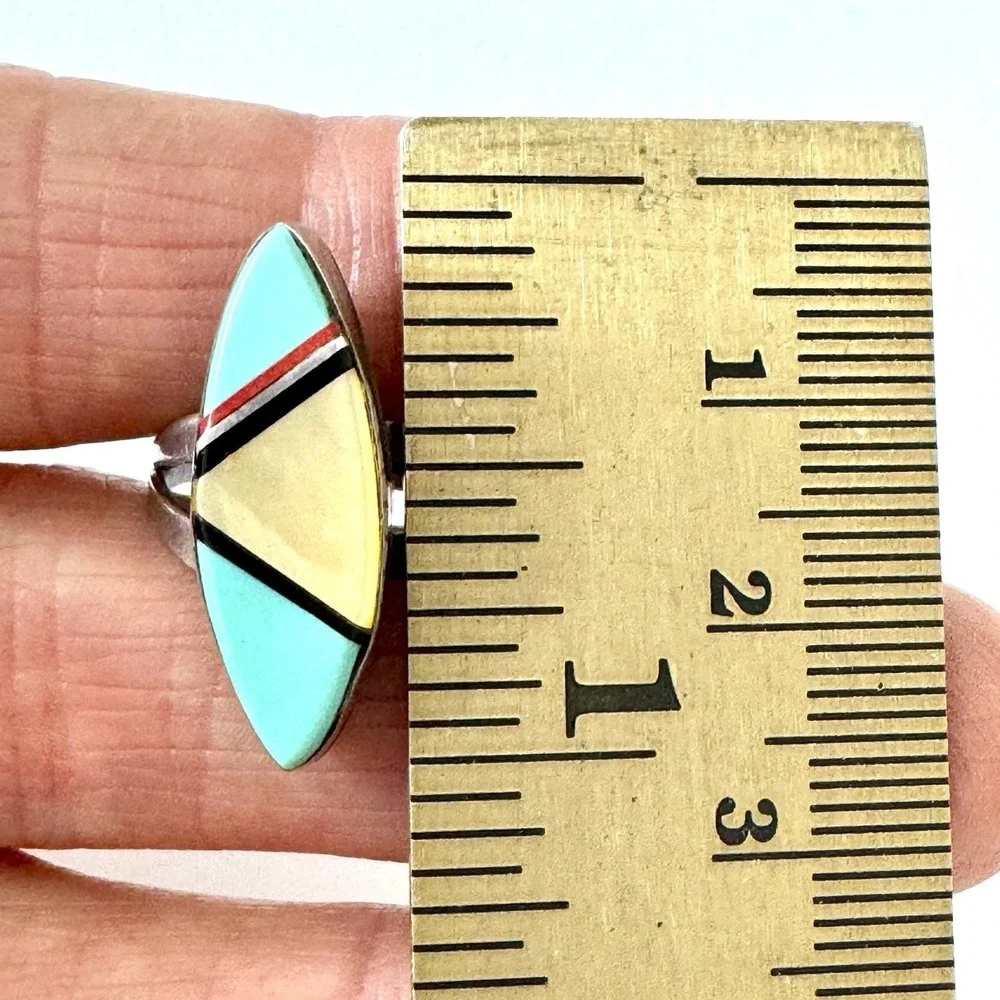 VTG Navajo Marquis Turquoise MOP Ring Sz 5 Sterling 60s Old Inlay‎ Native Amer